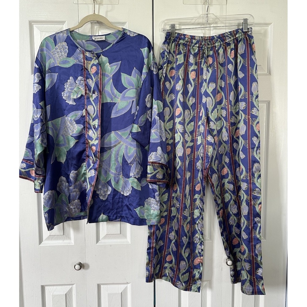 Natori Women's L Floral Satin Pajama Set Button Front Top Pants 2-Piece
